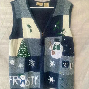 Bobbie Brooks Sweater Vest Christmas Snowman Full Zip Vtg Embroidered sz Large
